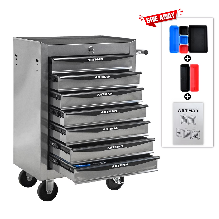 7-Drawer Rolling Tool Chest, Seizeen Metal Tool Box on Wheels, Mobile Tool Organizer Garage Storage Cabinet with Storage Box, Silver