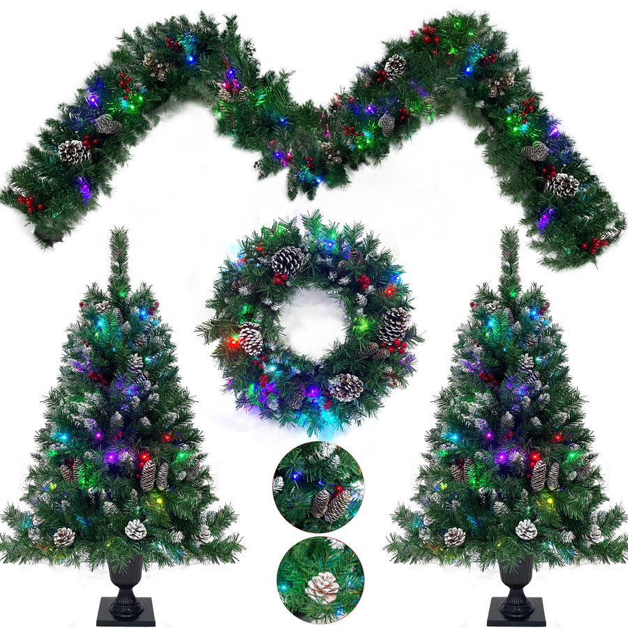 Pre-Lit Christmas Tree Decorations Set, 4 Pcs Indoor Outdoor Christmas Decorations W/ 2 Lighted Christmas Trees Wreath Garland, Artificial Christmas Xmas Decorations with 10 Light Modes, Dark Green