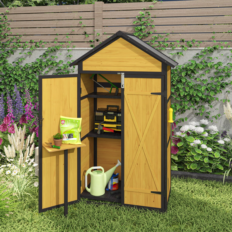 69''Outdoor Storage Shed, Wooden Patio Garden Shed W/Floor & Shelves, Multipurpose Tool Cabinet with Foldable Table, Hooks, Waterproof Raised Bottom, Windproof Nails