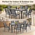 Outdoor Dining Table & Chairs, Patio Dining Sets with 6 Stackable Textilene Armchairs, All-Weather Plastic Furniture Dining Set Steel Frame and Wood Grain Top Table