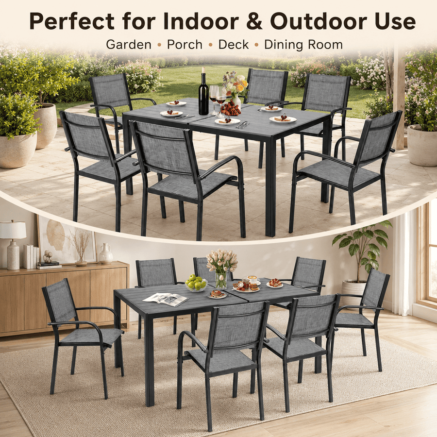 Outdoor Dining Table & Chairs, Patio Dining Sets with 6 Stackable Textilene Armchairs, All-Weather Plastic Furniture Dining Set Steel Frame and Wood Grain Top Table