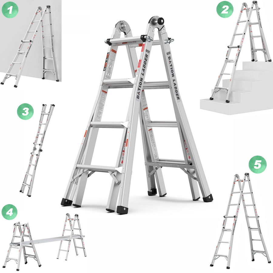 5-IN-1 Ladder, Seizeen Alloy Aluminum Step Ladder Extension, 17ft Multi-position Ladder Professional for Building, Lightweight Folding Ladder W/ Locking System, 20 Positions
