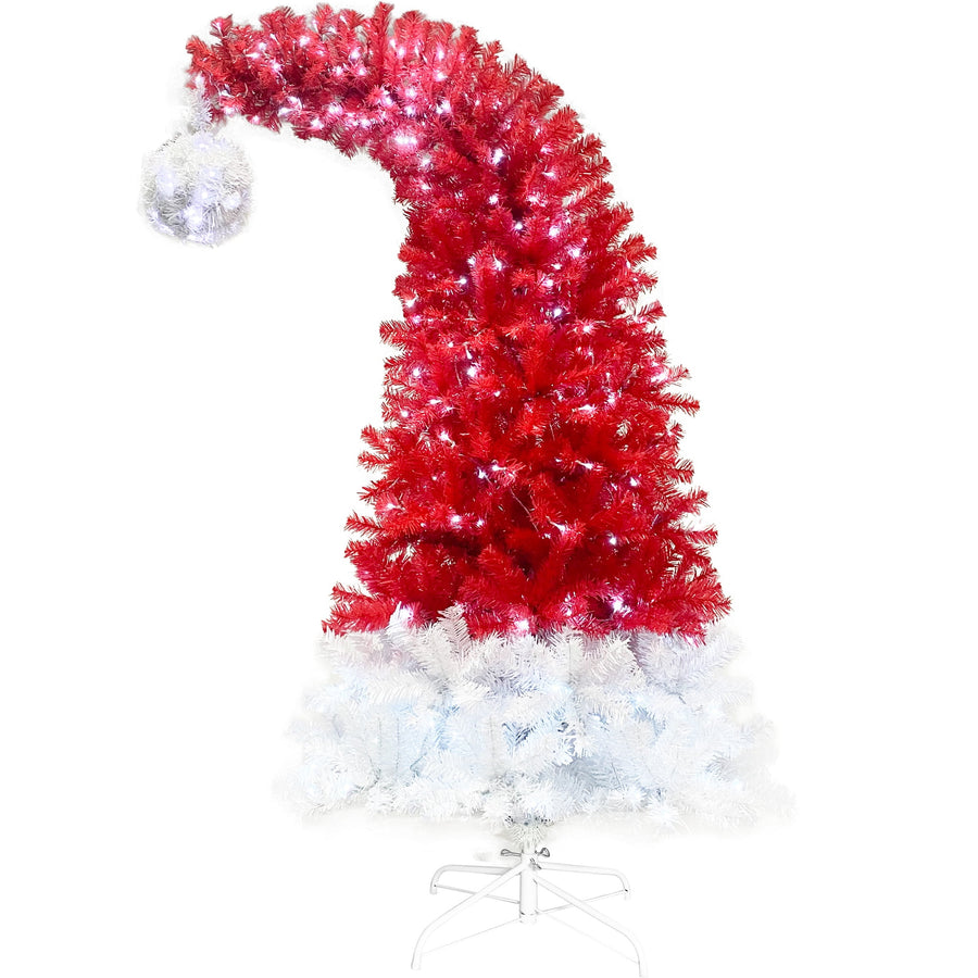 6FT Pre-Lit Artificial Christmas Trees Red Hat Christmas Tree with Bent Top & Ball, Lighted Xmas Trees with 300 Lights, 1250 Tips, 10 Light Modes, for Home Shop Decoration