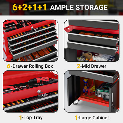 Rolling Tool Chest with 8 Drawers, Multifunctional Steel Toolbox Organizer, Tool Storage Cabinet with Detachable Topbox, Garage Tool Cart w/Universal Weels,Hanging Box, Hooks, DIY Anti-slip Mat