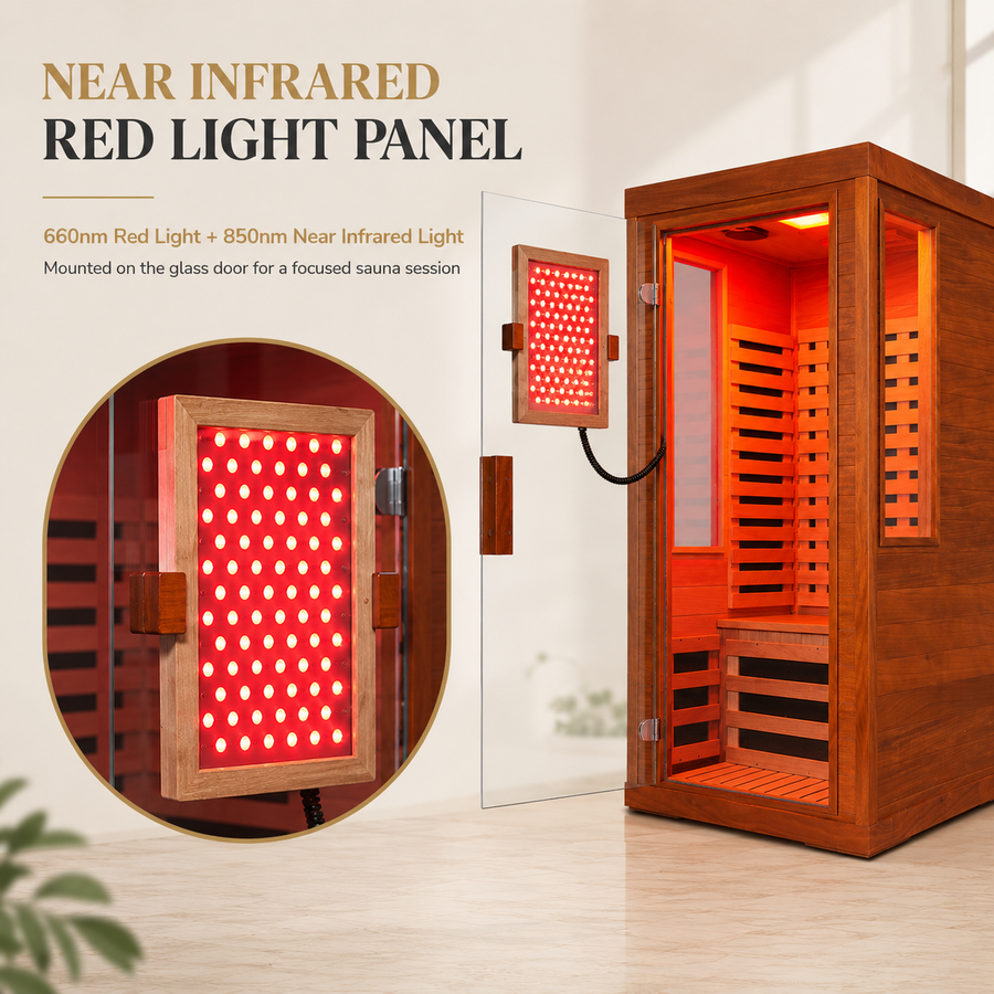Seizeen Infrared Sauna with Red Light Lamp, 1-2 Persons Indoor Dry Sauna Room with 7 Carbon Crystal Heaters, Low EMF Okoume Wood Home Sauna Beaty Lamp, 7 Color Chromotherapy, Bluetooth Speaker