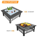 Multifunctional Fire Pit Table, Metal Fire Pit for Outside Stone Pattern, Wood Burning Outdoor Fireplace with Screen Lid/Poker/BBQ Net/Cover/Ice Bowl for Backyard Patio Garden, 32"