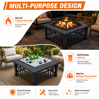 32'' Wood Burning Fire Pit, Outdoor Metal Fire Pit Table with Mesh Screen Lid & Poker, Stone Pattern Patio Fireplace for Backyard, Garden, BBQ, Heating, Square