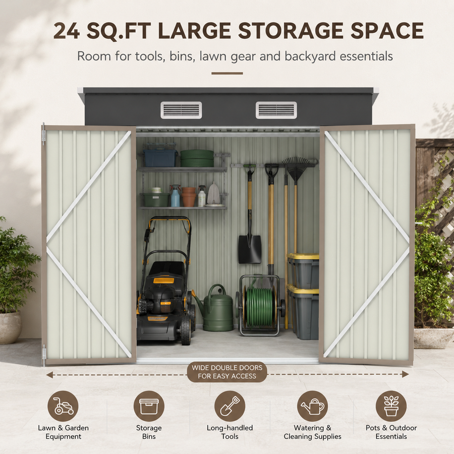 6x4ft Shed Outdoor Storage, All-weather Metal Garden Shed W/Floor, Galvanized Steel Tool Storage Shed, Double Lockable Doors, Brown