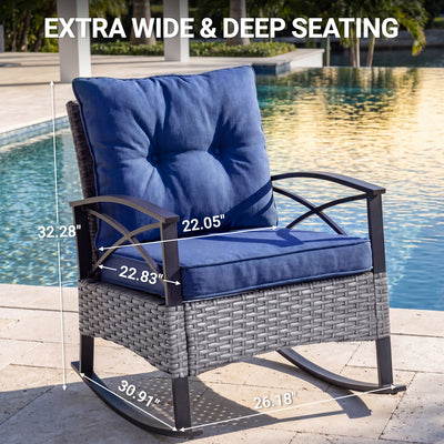 3 Pieces Patio Outdoor Conversation Set, Patio Furniture Bistro Set with 2-Tier Coffee Table, PE Wicker Rocking Chairs with Blue Cushions for for Backyard Porch Poolside