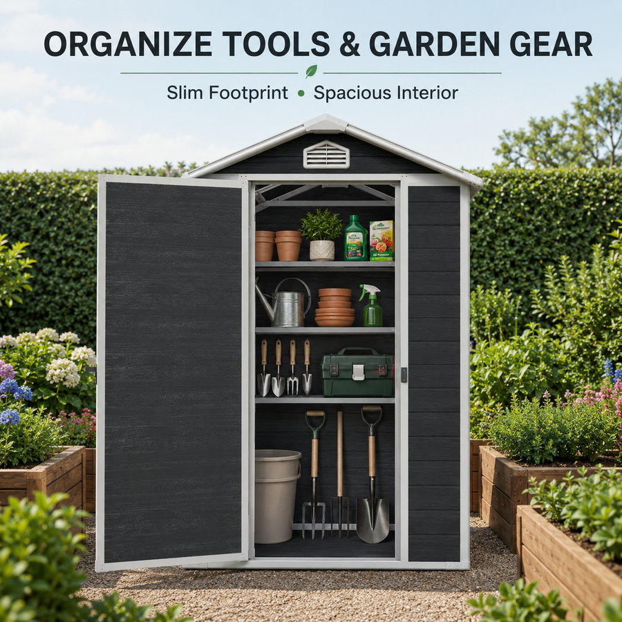 Seizeen 4 x 6 FT Plastic Storage Shed with Floor, Sloped Roof Outdoor Resin Shed with Window & Vents, Lockable Garden Tool Shed for Backyard Patio Lawn, Black