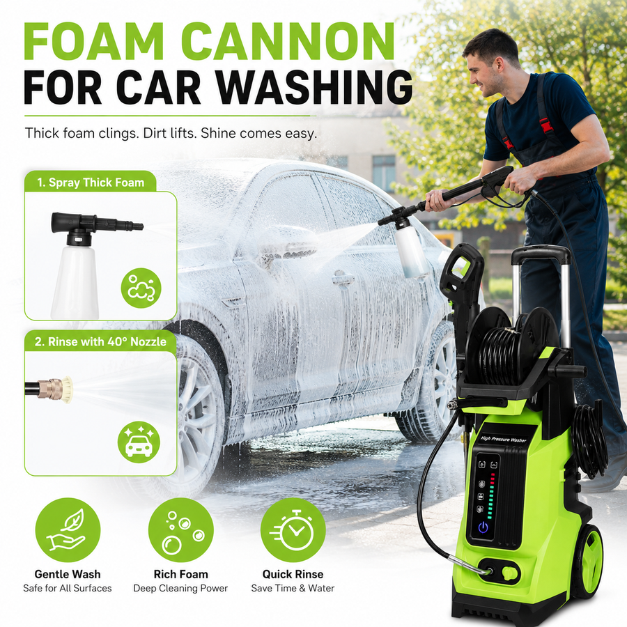 3800PSI Pressure Washer for Outdoor, Seizeen 1800W 110V Electric Power Washer, Multipurpose Cleaner Machine w/ 19.7ft Hose & 4 Nozzles, Foam Cannon, House Garden Deck Use