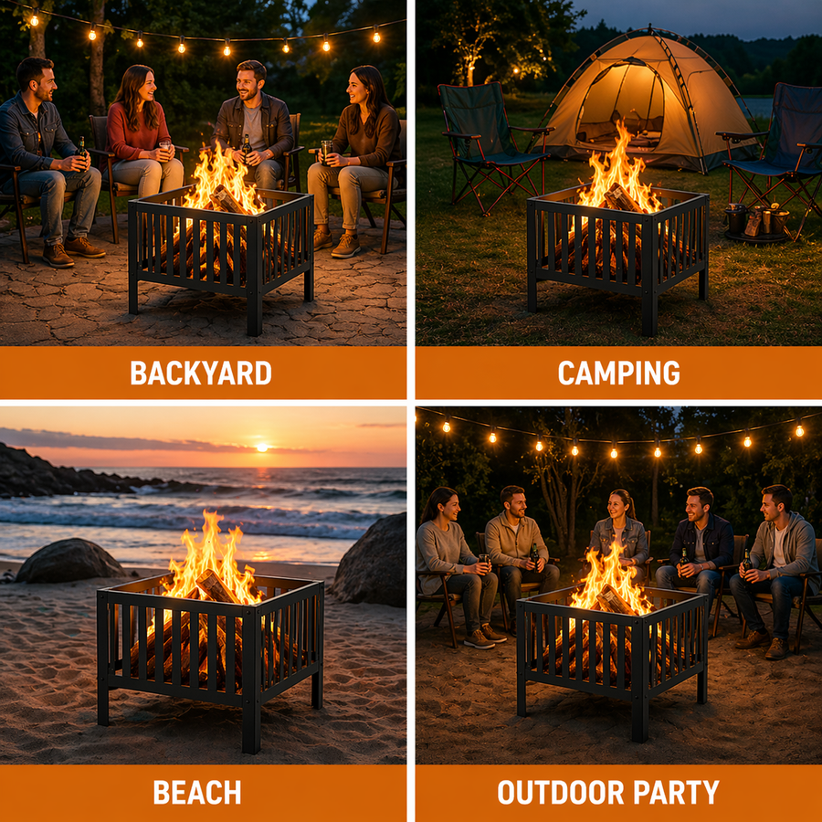 16 Inch Square Fire Pit, Portable Outdoor Wood Burning Firepit with Slatted Steel Panels, Compact Backyard Fireplace Fire Pit Bowl for Patio, Camping, Beach, Garden & Outdoor Gatherings