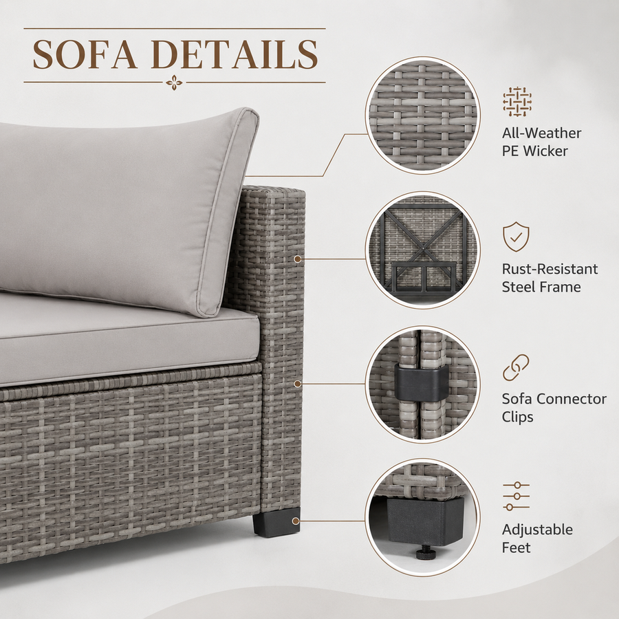 Seizeen Outdoor Furniture, 7PCS Patio Furniture Set Sectional Sofa with Cushions, Front Porch Balcony Furniture Conversation Couch Set with Table