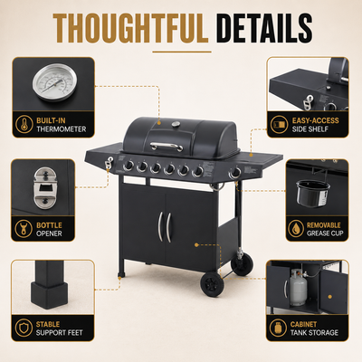 Seizeen 6 Burner Propane Gas Grill, 59000 BTU BBQ with Side Burner, 576 Sq In Cooking Area, Porcelain-Enameled Grates