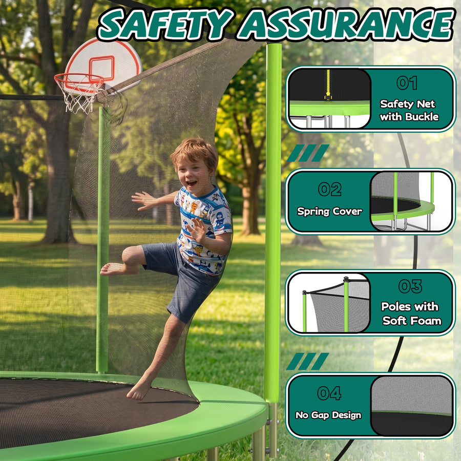 16FT Kids Trampoline with Hoop - Outdoor Trampoline W/Enclosure Net & Ladder, XXL Round Trampolines with Steel Support, Max Weight Capacity 1320LBS