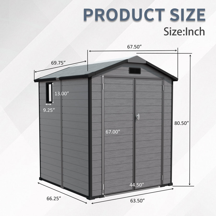 6x6FT Outdoor Storage Shed, Plastic Resin Shed w/Floor and Window, Lockable Tool Bike Garden Patio Large Storage with Sloped Top, Drainage Holes, 30MPH Wind Resistance