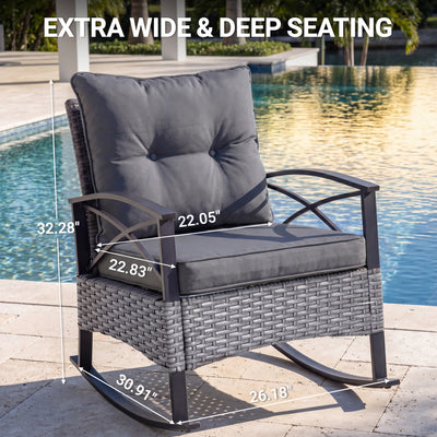 Patio Outdoor Furniture Set, 3PCS Rattan Wicker Rocking Chair Set Balcony Furniture, Steel Frame Patio Chairs with 2-Tier Coffee Table, Thick Seat Cushions and Pillows