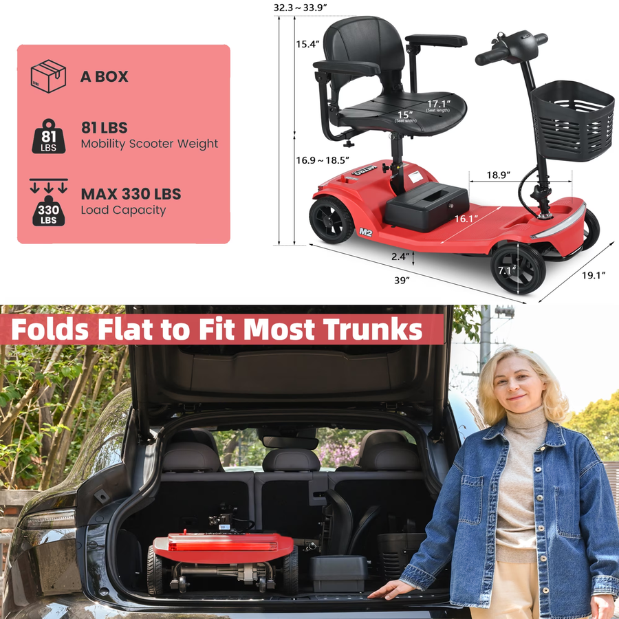 SEIZEEN 4 Wheels Mobility Scooter, Motorized Scooter for Adults Up to 330LBS, Electric Wheelchair Device with Baskets, Compact Mobile for Seniors, Red