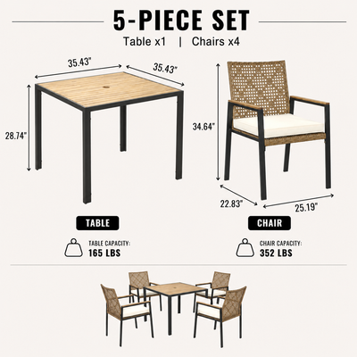 Seizeen 5-Piece Patio Dining Set, Outdoor Dining Table and Chairs with Acacia Wood Tabletop, Umbrella Hole, PE Rattan Armchairs with Beige Cushions, Patio Conversation Set for Garden, Backyard, Deck