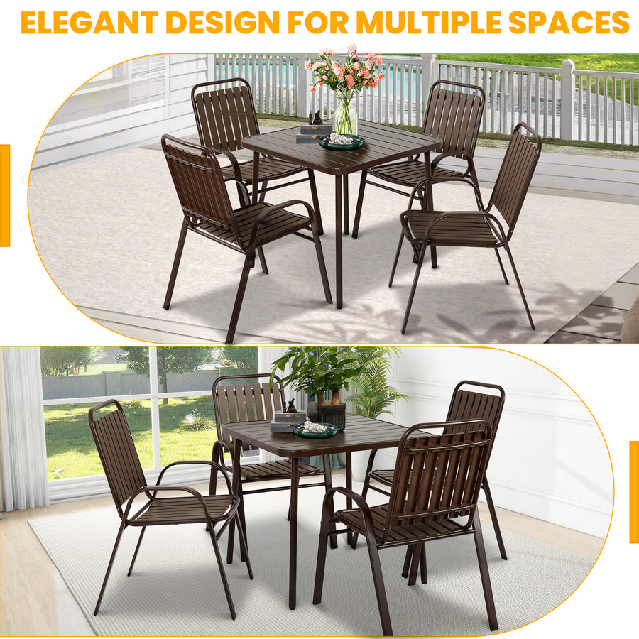 Patio Furniture Set, 5-piece Outdoor Dining Set Wood Grain Top, Plastic Patio Table and Chairs for Deck Yard Balcony Porch, All-weather Steel Frame, 4-person Dining Set for Indoor Outdoor, Brown