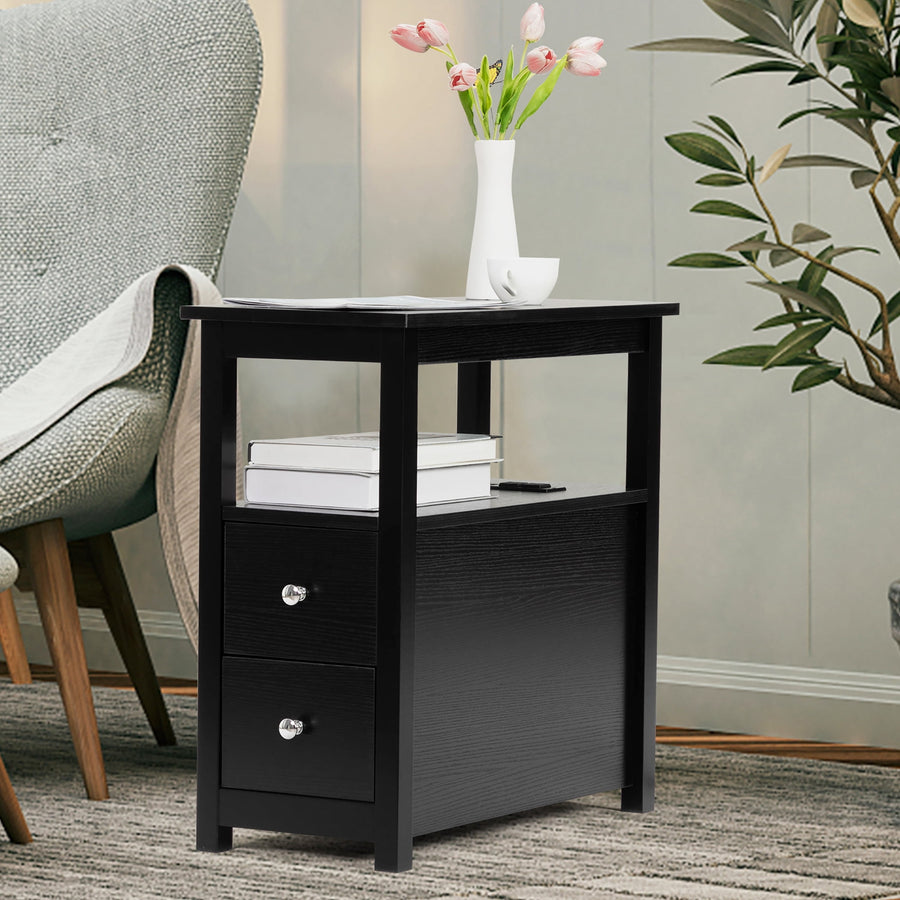 Side Tables for Bedroom, Seizeen Bedside Nightstand with Charging Station & USB Port, Black End Table with Drawers