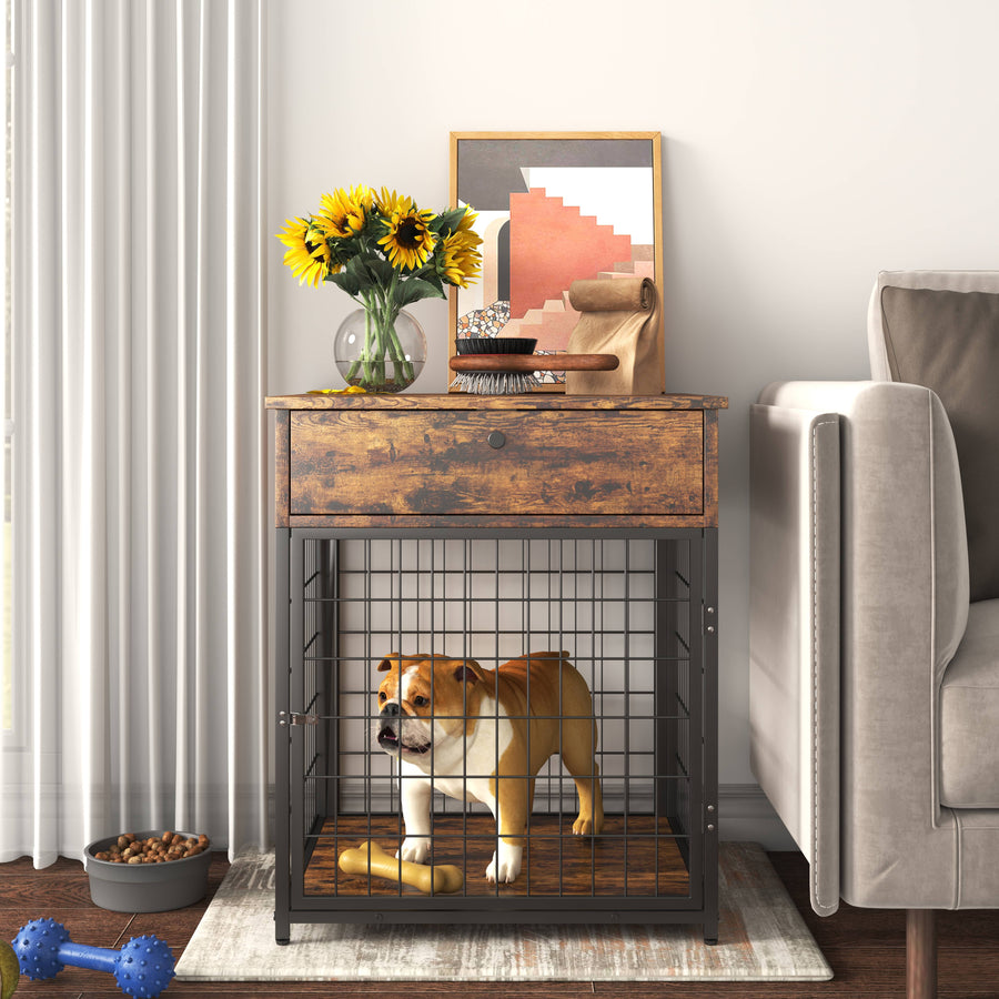 Seizeen 2-In-1 Dog Cage & End Table, Dog Crate Furniture End Table with Drawer, 20¡¯¡¯L Dog Cage for Small Dogs, Brown Wooden Dog Crate Kennel