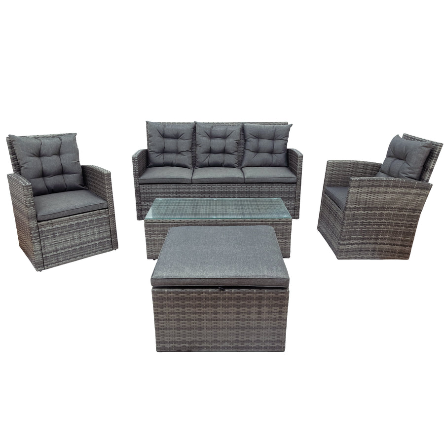 5 Pieces Rattan Patio Furniture Set Multi-Combination, Cushioned Sofa Set with Table Pillows, All Weather PE Wicker Patio Sofa can Storage Cushions, Gray