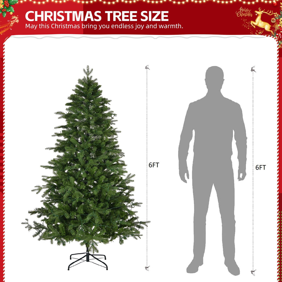 6ft Pre-lit Christmas Tree, Lighted Artificial Pine Tree w/728 Tips, 300pcs Warm Lights, 3-step Assembly, Green