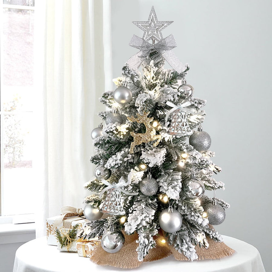 Tabletop Christmas Tree with Light, 2FT Small White Artificial Christmas Decoration Tree with Flocked Snow, Rich Decor & Xmas Ornaments for Home & Office, Silver