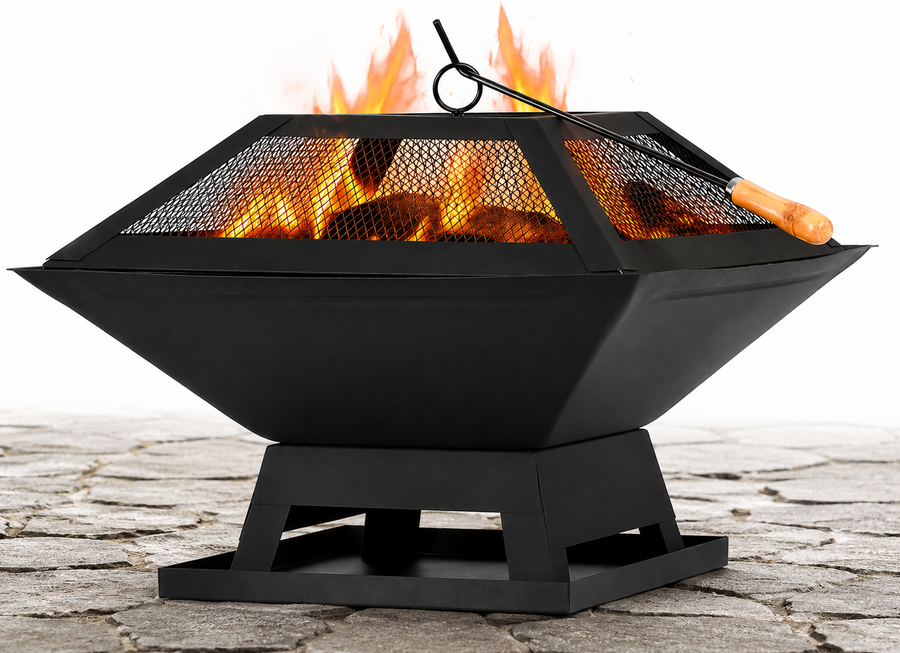 Outdoor Fire Pits Wood Burning, 18.3in Square Firepit with Star Pattern Mesh, Side Petal, Heavy-Duty Fire Pit w/ Stable Legs for Yard Patio Garden