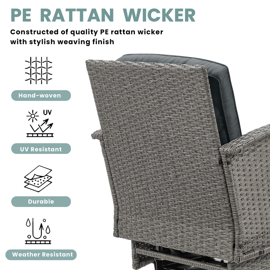 3-Piece Outdoor Swivel Rocking Chairs Set, Weather-Resistant Patio Furniture for Porch Backyard Poolside, with Coffee Table & Thick Cushions, Easy Assembly, Wicker 360° Swivel Rocker Bistro Set