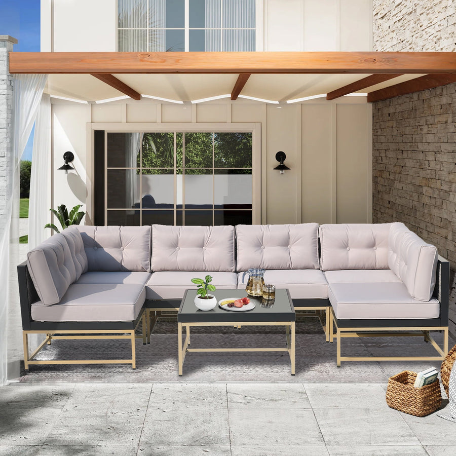 7 Pieces Patio Funiture Set, Outdoor Furniture Sectional Sofa Set,Manual Wicker Rattan Patio Conversation Set Heavy-duty Frame, with Cushions and Table, Gray