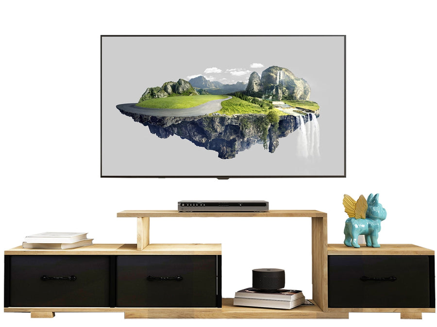 Seizeen TV Stand for 55'' 65'' 70'' TV, New Floating-Island TV Stand Cabinet, Entertainment Center W/ Large Space, 63''L Wood TV Console Table 2 Tier Shelves, 3 Cloth Drawers, Black & Brown