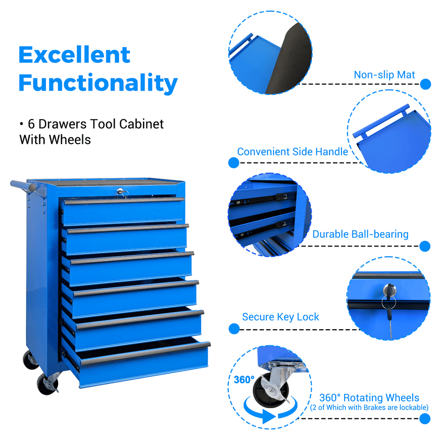 Seizeen Rolling Tool Box with Wheels, Metal 5 Drawers Tool Chest, Garage Tool Storage Cabinet with Ball Bearing Slides, Locking Casters, Side Handle & Worktop for Workshop Organizer