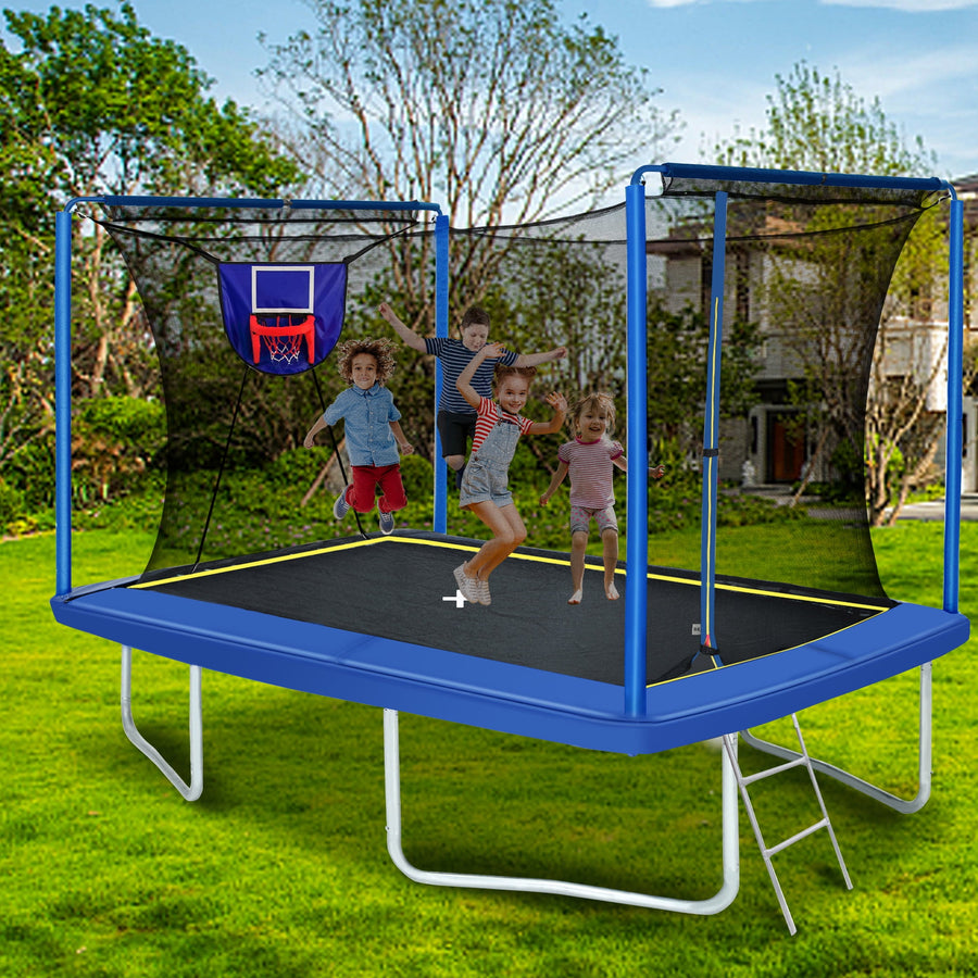 Seizeen Rectangular Trampoline for Kids, 8x12ft Outdoor Trampoline with Enclosure, 2-IN-1 Basketball Trampoline with Hoop