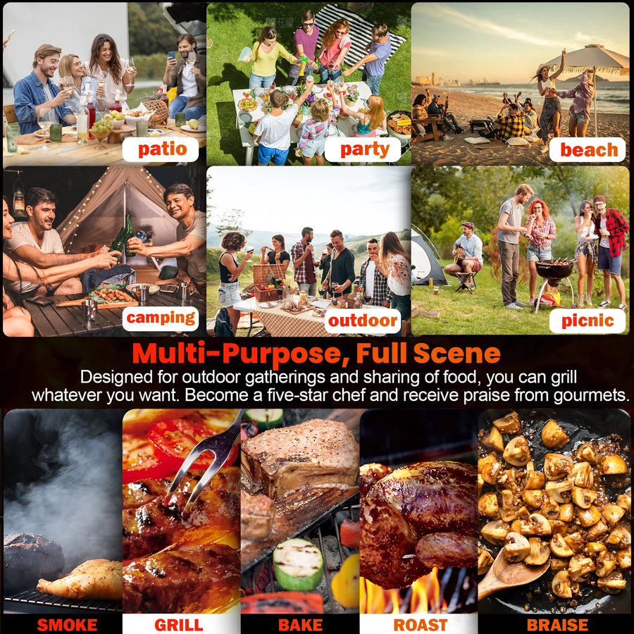 Seizeen Charcoal Grill w/Smoker, Outdoor BBQ Grill with Side Table, Portable Offset Smoker W/2-Zone Area