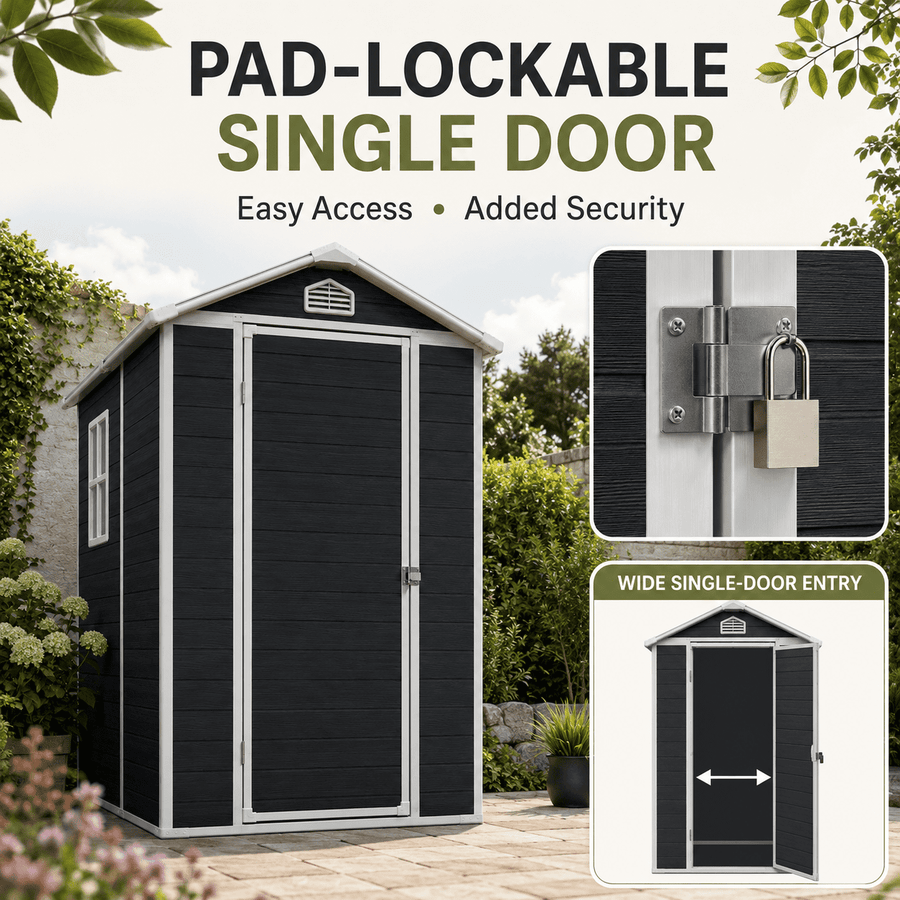 Seizeen 4 x 6 FT Plastic Storage Shed with Floor, Sloped Roof Outdoor Resin Shed with Window & Vents, Lockable Garden Tool Shed for Backyard Patio Lawn, Black
