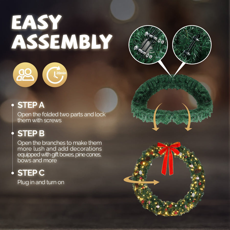 Seizeen Lighted Christmas Trees Set, 2 Packs 4' Pre-Lit Christmas Trees 20" Wreath and 9' Garland, Indoor Outdoor Artificial Xmas Tree with 10 Light Modes for Gate Fireplace Decor, 4 Pcs, White