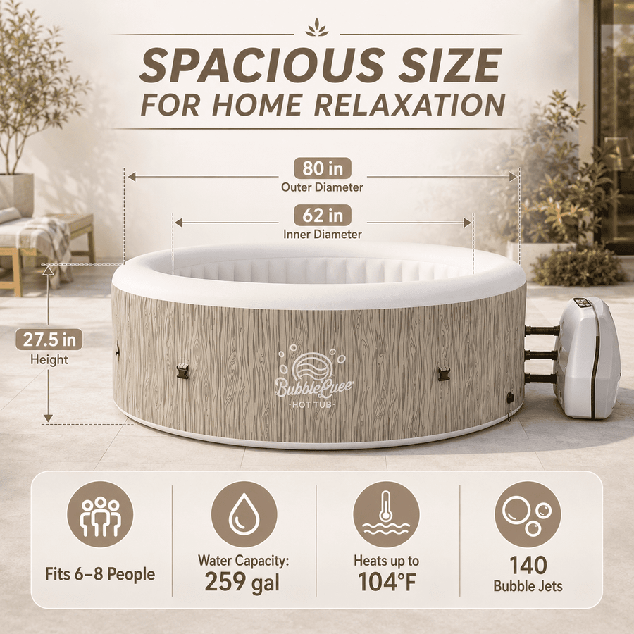 Seizeen 6 Person Inflatable Hot Tub, 80 Inch Portable Outdoor Spa with 140 Air Jets, 259 Gal Heated Bubble Massage Spa with Cover, Wood Brown