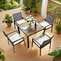 Outdoor Dining Set, 5-piece Outdoor Patio Furniture Table and Chairs Cushioned, Hollow Rattan Dining Table Set for 4, Bold Metal Frame, Acacia Woodtop, Umbrella Hole