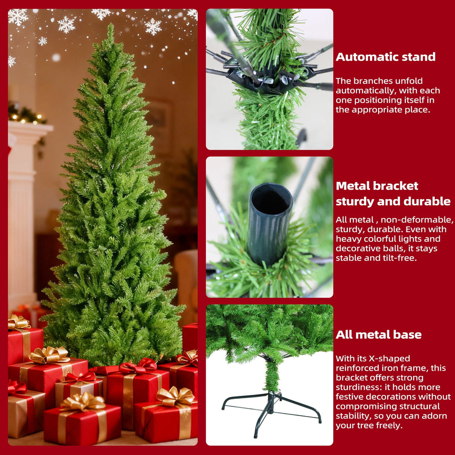 Seizeen 7FT Christmas Tree, Artificial Green Tree with 775 Green Tips, Slim Fir Xmas Tree w/Hinged Branches, Folding Metal Stand, Holiday Decoration for Carnival Party