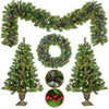 Pre-Lit Christmas Tree Decorations Set, 4 Pcs Indoor Outdoor Christmas Decorations 2 Lighted Christmas Trees Wreath Garland, Artificial Christmas Xmas Decorations with 10 Light Modes, Green