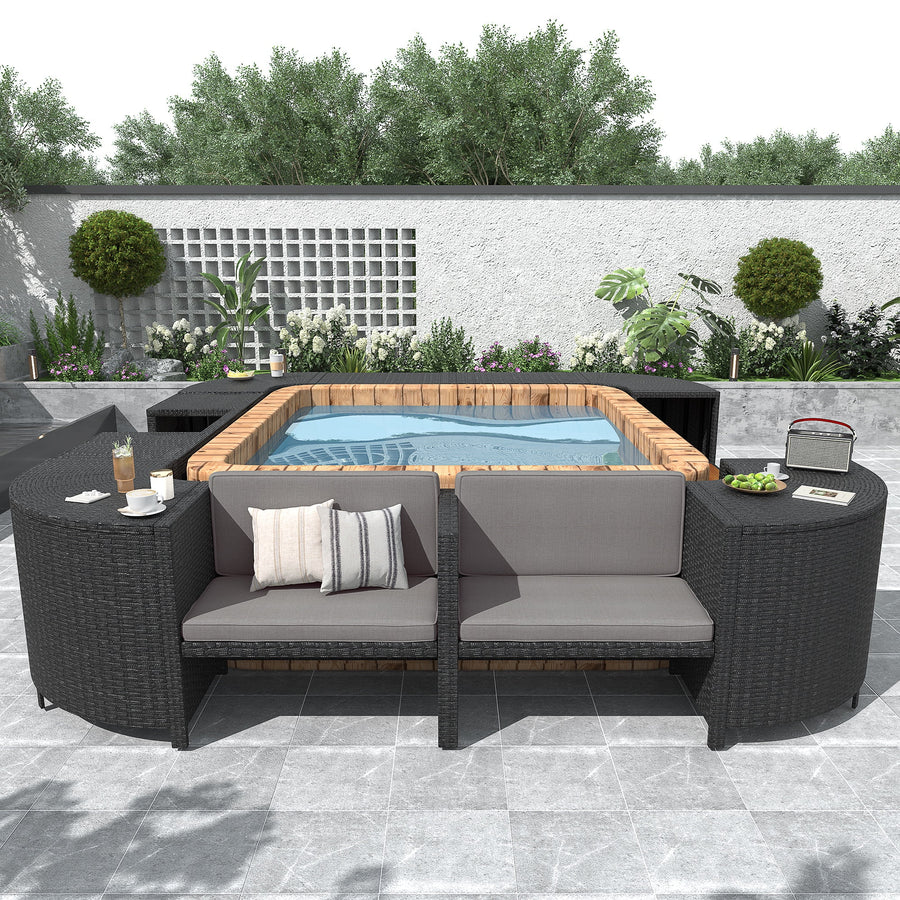 Rattan Spa Frame, Hot Tub Spa Surround, Sectional Sofa Set with Mini Sofa & Benches, Gray