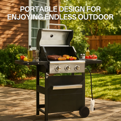 Seizeen Gas Propane Grill, 27,000BTU Outdoor Portable Grill on Wheels for Camping Yard, 3-Burner Stainless Steel BBQ Grill with Storage