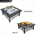 Multifunctional Fire Pit Table, Metal Fire Pit for Outside Stone Pattern, Wood Burning Outdoor Fireplace with Screen Lid/Poker/BBQ Net/Cover/Ice Bowl for Backyard Patio Garden, 32"