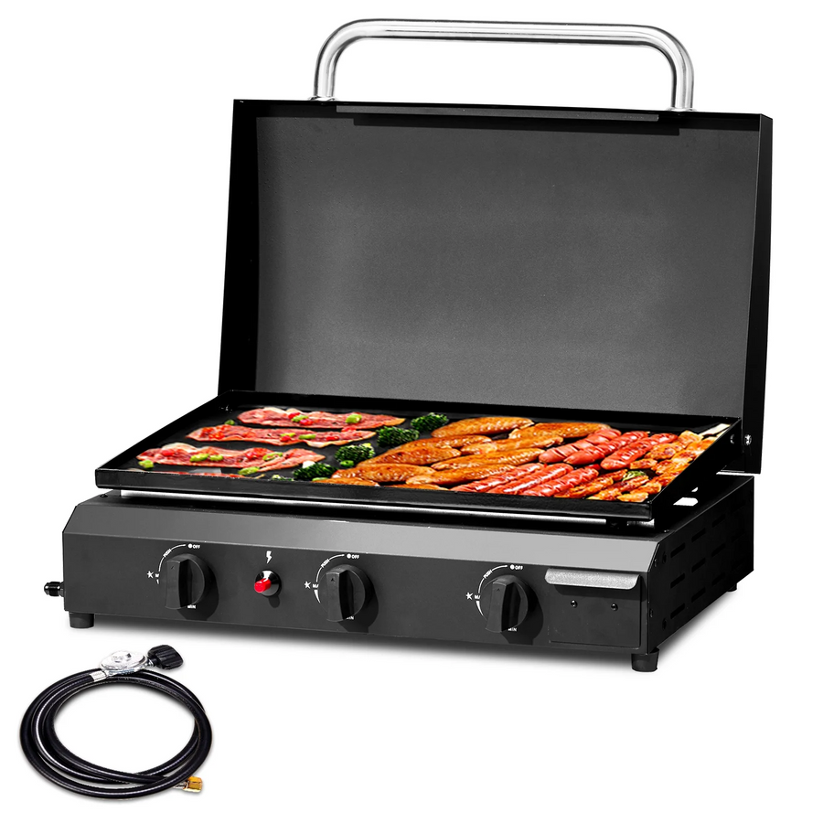 Portable 3-Burner Gas Griddle, 23'' Outdoor Propane Cooking Station, 30,000BTU Flat Top Griddle, Patio Camping BBQ Tabletop Grill with Ceramic Coated Cast Iron Pan