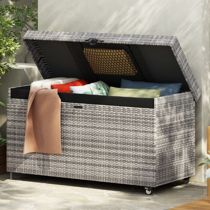 Deck Box, Seizeen 200Gal Rattan Storage Box for Outdoor Pool, PE Wicker Storage Bin Bench on Wheels, with Waterproof Liner, Mesh Pocket, Gas Rod Lid, Lockable Cushions Storage