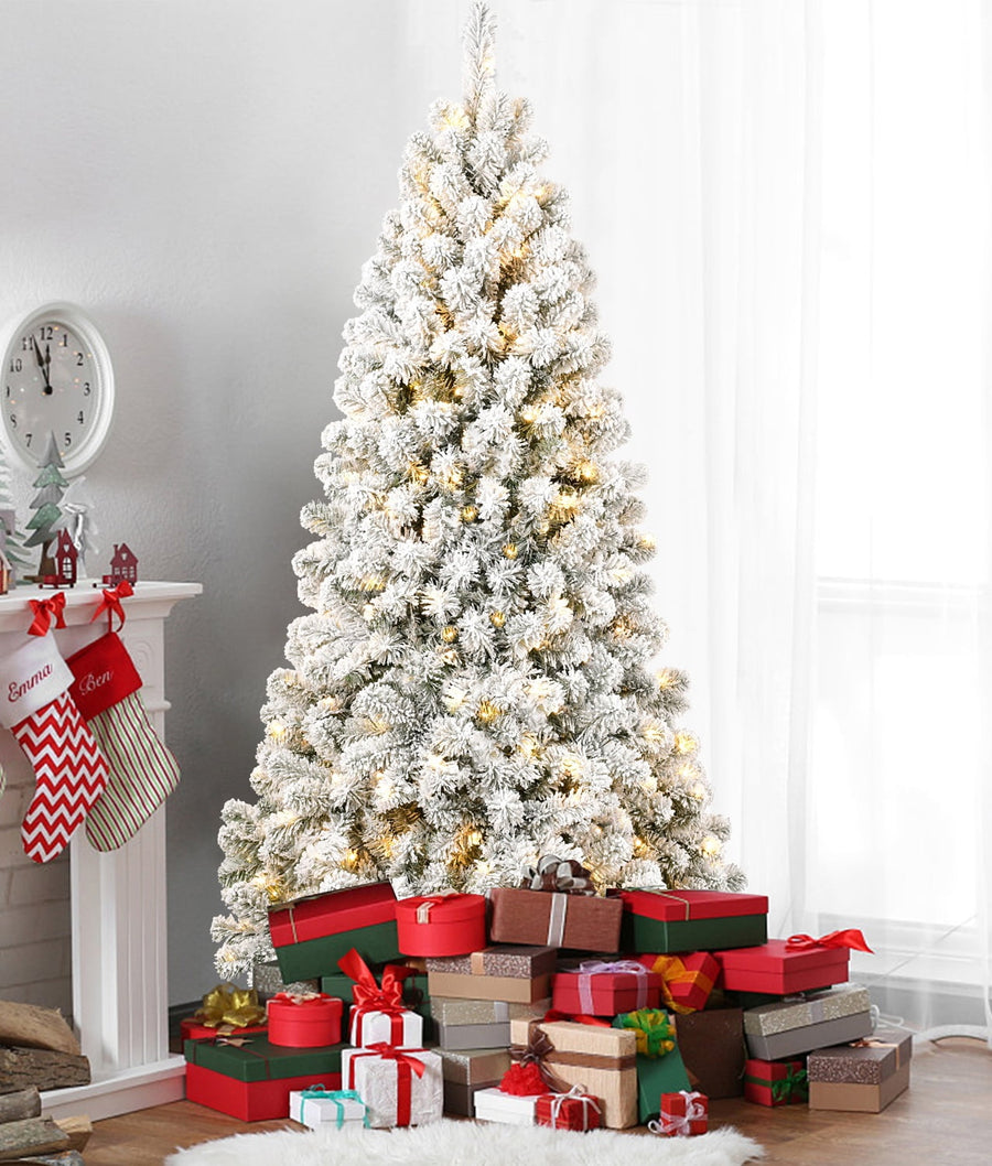 Pre-lit Christmas Tree for Home, 5ft Flocked Artificial Tree with 250pcs Warm Lights, 850 PVC Branch Decorative Tree, Snow Flocked Tree