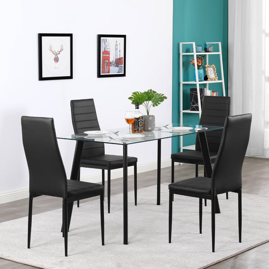 Dining Table with Chairs Set, Seizeen 5 Pieces Dining Room Set w/ Tempered Glass Table & 4 Leather Chairs, Small Space Bar Table Set for 4, Black Breakfast Nook Table Set for Kitchen