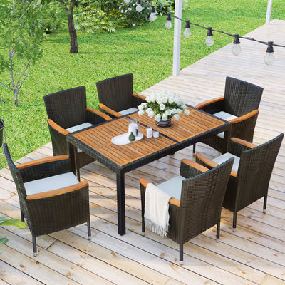 Seizeen Outdoor Patio Furniture Set, 7-Piece Rattan Dining Table and Chairs Set with Wood Tabletop, Brown Dining Set w/6 pcs Cushioned Armrest Chairs for Yard Lawn Deck